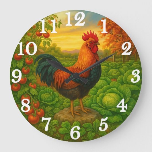 Lebendiger Hahn im Gemüsegarten Große Wanduhr (Vorderseite)