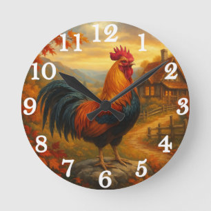 Lebendiger Hahn im rustikalen Bauernhof Runde Wanduhr
