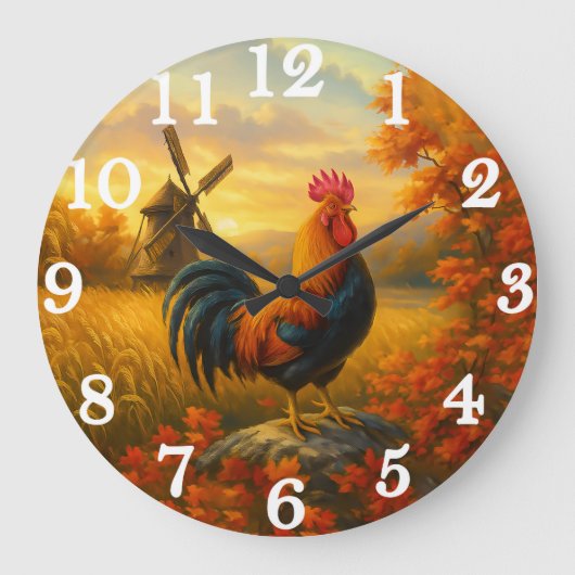 Lebendiger Hahn in goldener Ernte Große Wanduhr (Vorderseite)