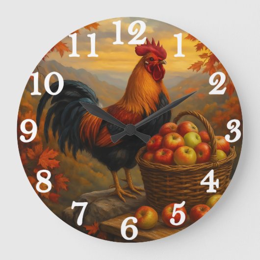 Lebendiger Hahn mit Äpfeln Bauernhof Große Wanduhr (Vorderseite)