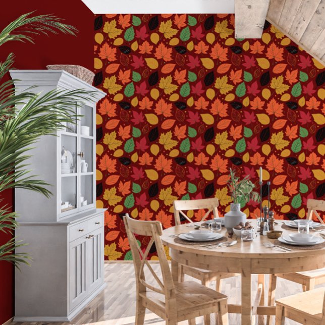 Lebendiger Herbst hinterlässt mehrfarbiges Muster Tapete (Vibrant Autumn Leaves Multi-Colored Dark Pattern Wallpaper)