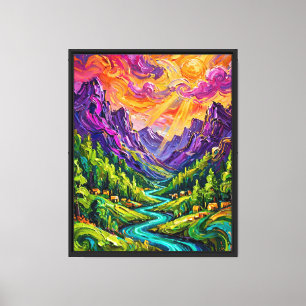 Lebendiger Impasto-Bergfluss-Sonnenuntergang-Leinw Leinwanddruck