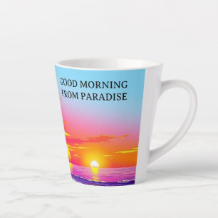 Lebendiger Insel-Sonnenuntergang Guten Morgen aus  Milchtasse