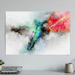 Lebendiger Kolibri-Aquarell-Blumen-Kunst-Druck Poster