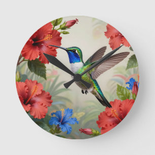 Lebendiger Kolibri-Hibiskus-Blumenstrauß Runde Wanduhr