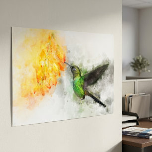 Lebendiger Kolibri und gelbe Blumen in Aquarell Poster