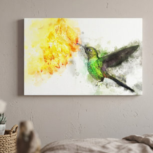 Lebendiger Kolibri und gelbe Blumen in Wasserfarbe Leinwanddruck