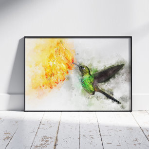 Lebendiger Kolibri und gelbe Blumen-Wasserfarbenma Fotodruck