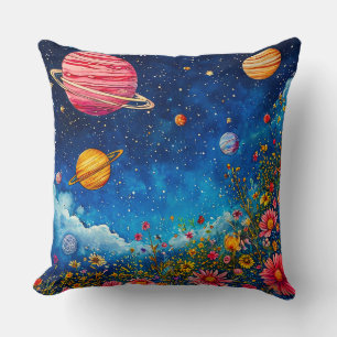 Lebendiger kosmischer Garten mit Planeten und Ster Kissen