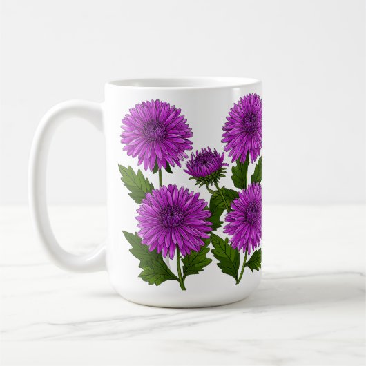 Lebendiger lila Chrysanthemenstrauß Kaffeetasse (Links)