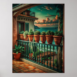 Lebendiger mediterraner Balkon mit Meerblick Kunst Poster