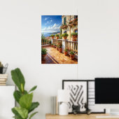 Lebendiger mediterraner Balkon mit Meerblick Kunst Poster (Heimbüro)