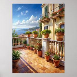 Lebendiger mediterraner Balkon mit Meerblick Kunst Poster