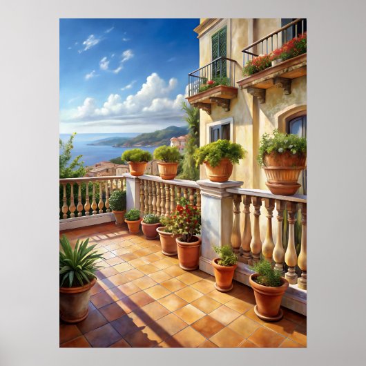 Lebendiger mediterraner Balkon mit Meerblick Kunst Poster (Vorne)