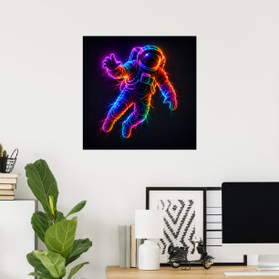 Lebendiger Neon-Astronaut schwebt in der Weltraumw Poster