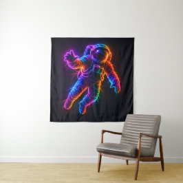 Lebendiger Neon-Astronaut schwebt in der Weltraumw Wandteppich