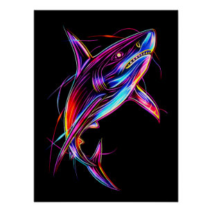 Lebendiger Neon-Hai Moderne digitale Ozean Poster