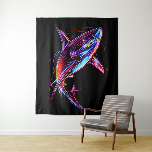 Lebendiger Neon-Hai Moderne digitale Ozean Wandteppich (Beispiel)