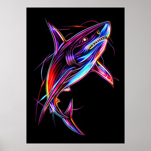 Lebendiger Neon-Hai Moderne digitale Ozeane Poster (Vorne)