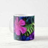 Lebendiger neon-tropischer Monstera-Blätter-Hinter Kaffeetasse (Vorderseite Links)