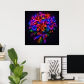 Lebendiger neonfarbener Regenbogen-Blumenstrauß an Poster (Heimbüro)