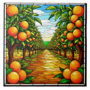 Lebendiger Orangenhain unter einem strahlend blaue Fliese