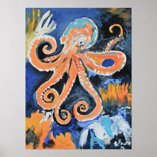 Lebendiger Oranger Oktopus-Expressionist Poster (Vorne)