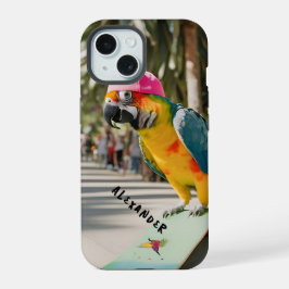 Lebendiger Papagei auf Skateboard iPhone 15 Hülle
