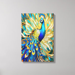 Lebendiger Pfau im Jugendstil Farbige Wand Leinwanddruck