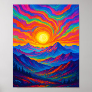 Lebendiger psychedelischer Bergsonnenuntergang Poster