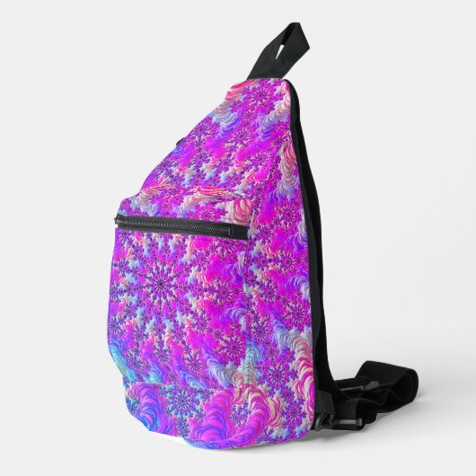 Lebendiger psychedelischer, bunter Groovy Fraktal Crossbody Bag (Rechte Ecke)