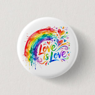 Lebendiger Regenbogen-Wasserfarbspritzer "Liebe is Button