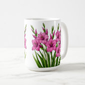 Lebendiger rosa Gladiolenstrauß mit grünem Blattwe Kaffeetasse (VorderseiteRechts)