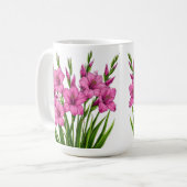 Lebendiger rosa Gladiolenstrauß mit grünem Blattwe Kaffeetasse (Vorderseite Links)