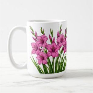 Lebendiger rosa Gladiolenstrauß mit grünem Blattwe Kaffeetasse