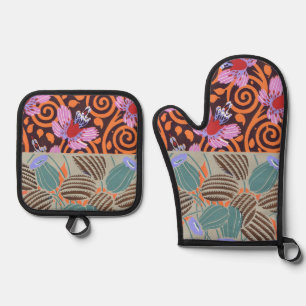 Lebendiger rosa und orangefarbener spiralförmiger ofenhandschuh & Topflappen-Set