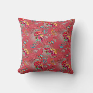 Lebendiger Rosa Vintage-Blumenmuster-Sherpa-Decke Kissen