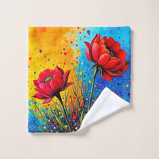 Lebendiger roter Blumen Pop Art Druck Badhandtuch Set (Waschlappen)