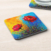 Lebendiger roter Blumen Pop Art Druck Getränkeuntersetzer (Linke Seite)