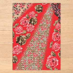 Lebendiger roter Stoff mit komplizierten floralen Acryleinladungen