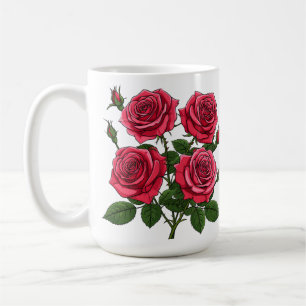 Lebendiger roter und rosa Rosenstrauß mit grünen B Kaffeetasse