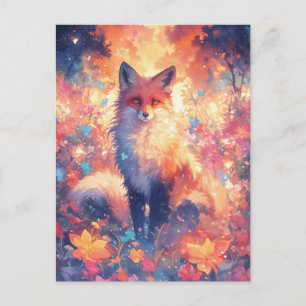 Lebendiger Rotfuchs in sonnigem Blumenwiesen-Sunse Postkarte