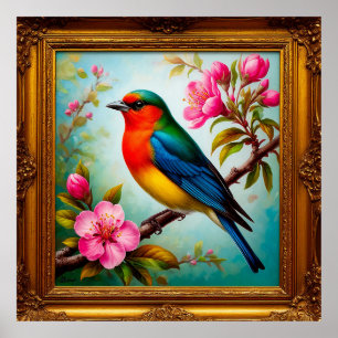 Lebendiger Singvogel auf blühendem Ast Poster
