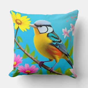 Lebendiger Singvogel auf einem blühenden Ast Kissen