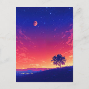 Lebendiger Sonnenuntergangsbaum und Blutmond Postkarte