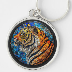 Lebendiger Tiger Elegantes Mosaik aus Buntglas Schlüsselanhänger