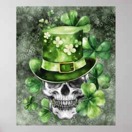 Lebendiger Totenkopf mit grüner Hut-Illustration Poster