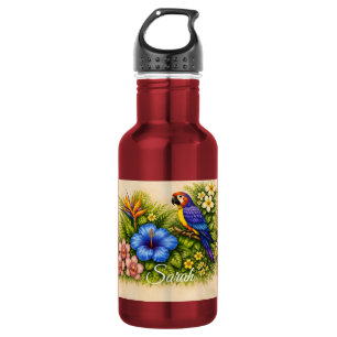 Lebendiger Tropischer Papagei Ara Botanisch Floral Edelstahlflasche