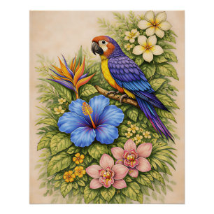 Lebendiger Tropischer Papagei Ara Botanisch Floral Poster