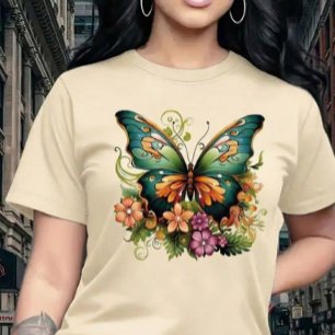 Lebendiger verzauberter Schmetterlings- und Blumen T-Shirt